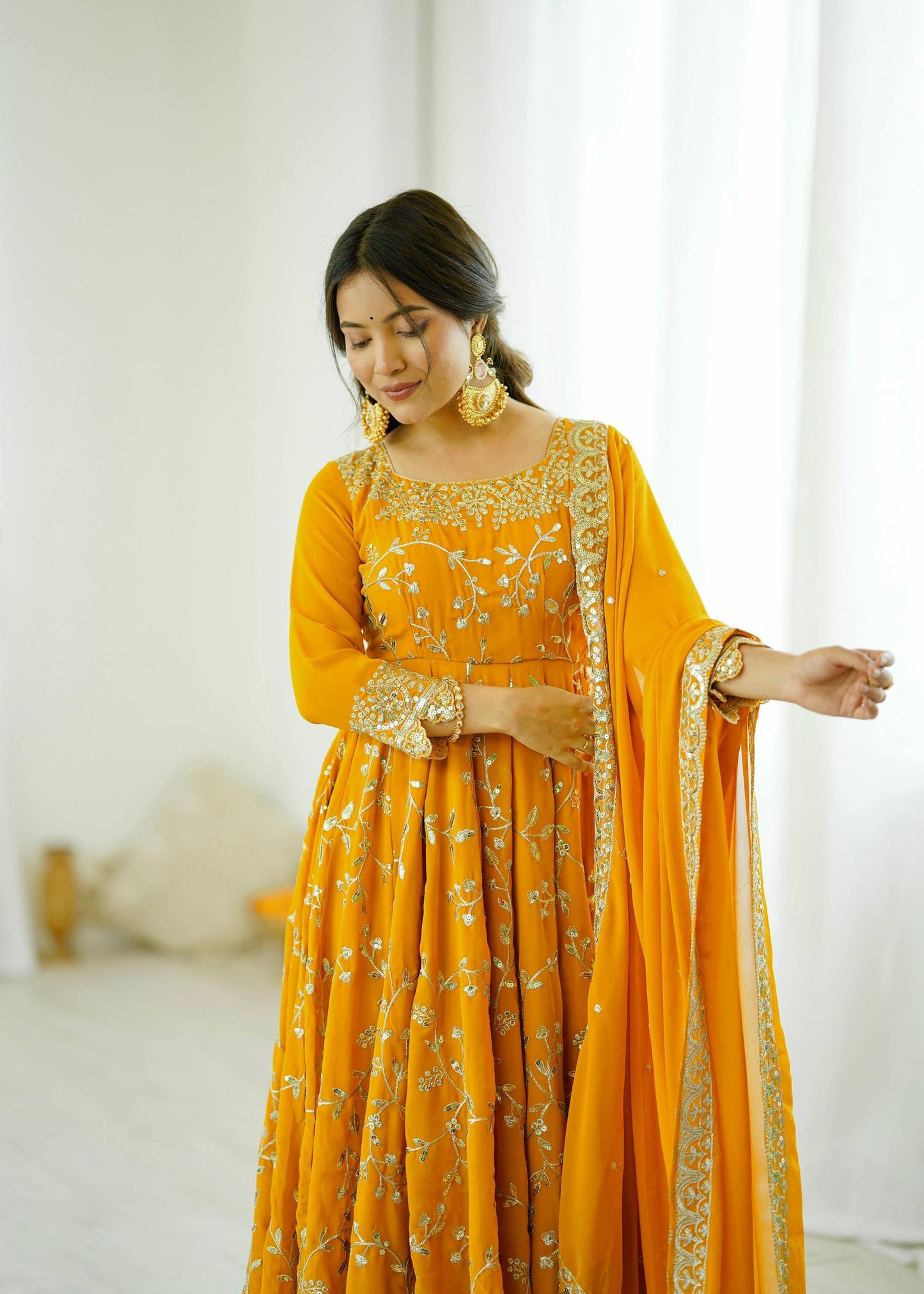 Preeva - Mustard Soft Georgette with Full Embroidery Gown Fully Stitched