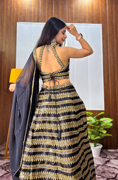 Premium Black and Gold Silk Lehenga Fully Stitched