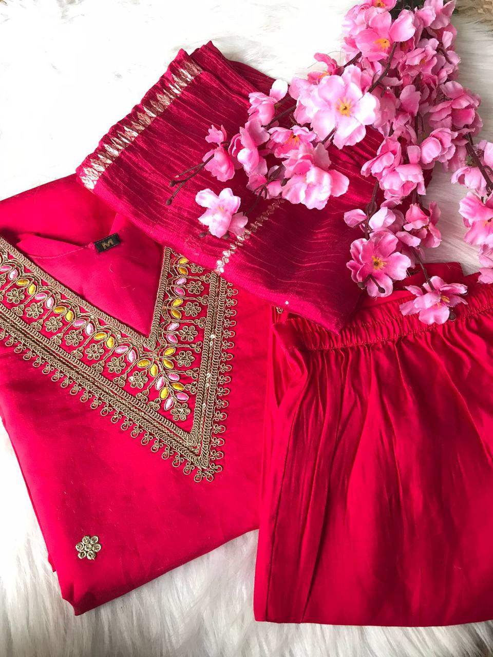 Rani Pink Premium Suit with Pant and Dupatta