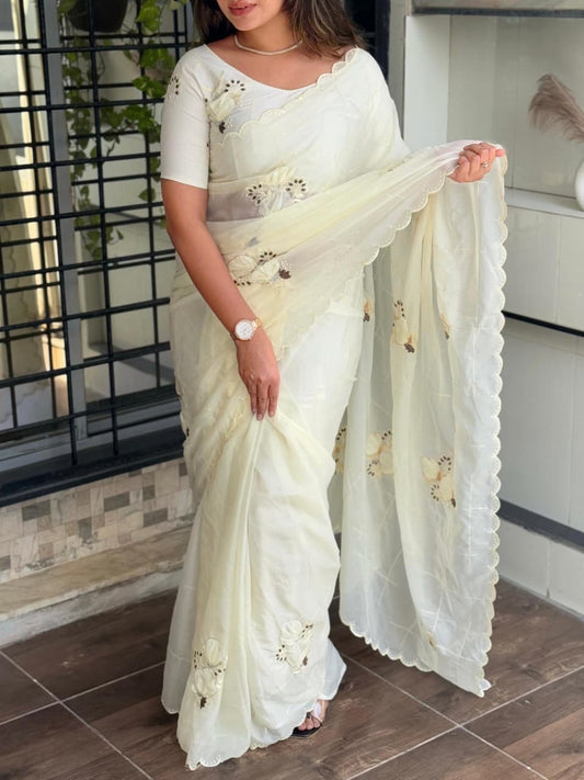 Classy Off White Beautiful Embroidered Floral Work Saree with Stitched Blouse Options