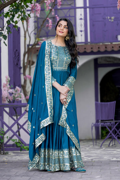 Harshita - Premium Silk Turquoise Gown with Sequins Work Fully Stitched