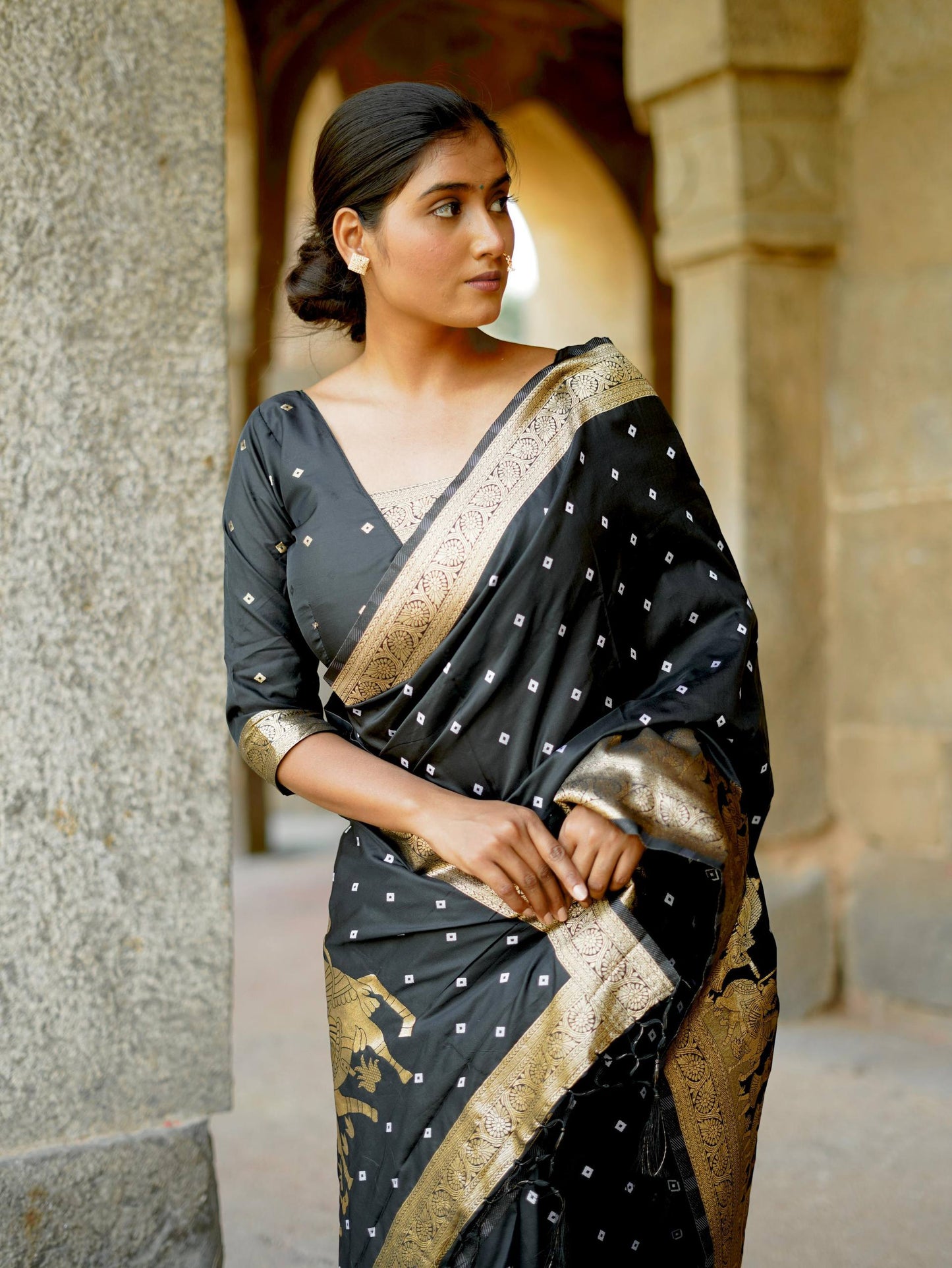 Apsara - Soft Silk with Hand Bandhej Pattern Gold Border Paithani Saree with Stitched Blouse Options