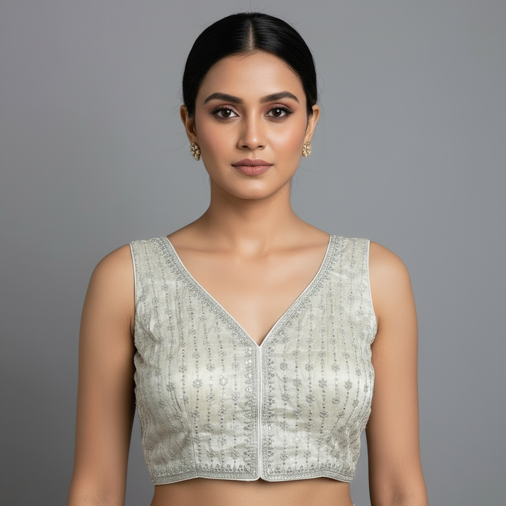 Light gray embroidered vest on a textured surface with flowers in the corner