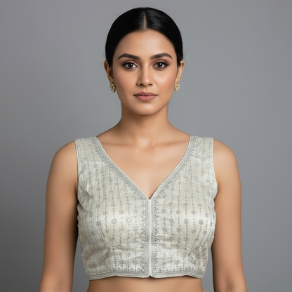 Light gray embroidered vest on a textured surface with flowers in the corner