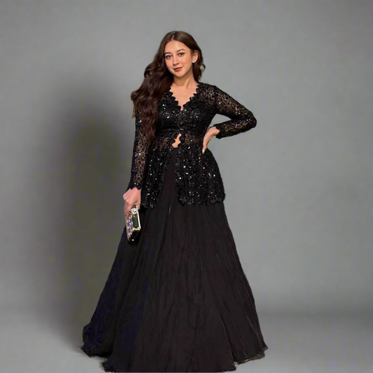 Unique Blazer Style Top with Lehenga Black sequins work fully stitched