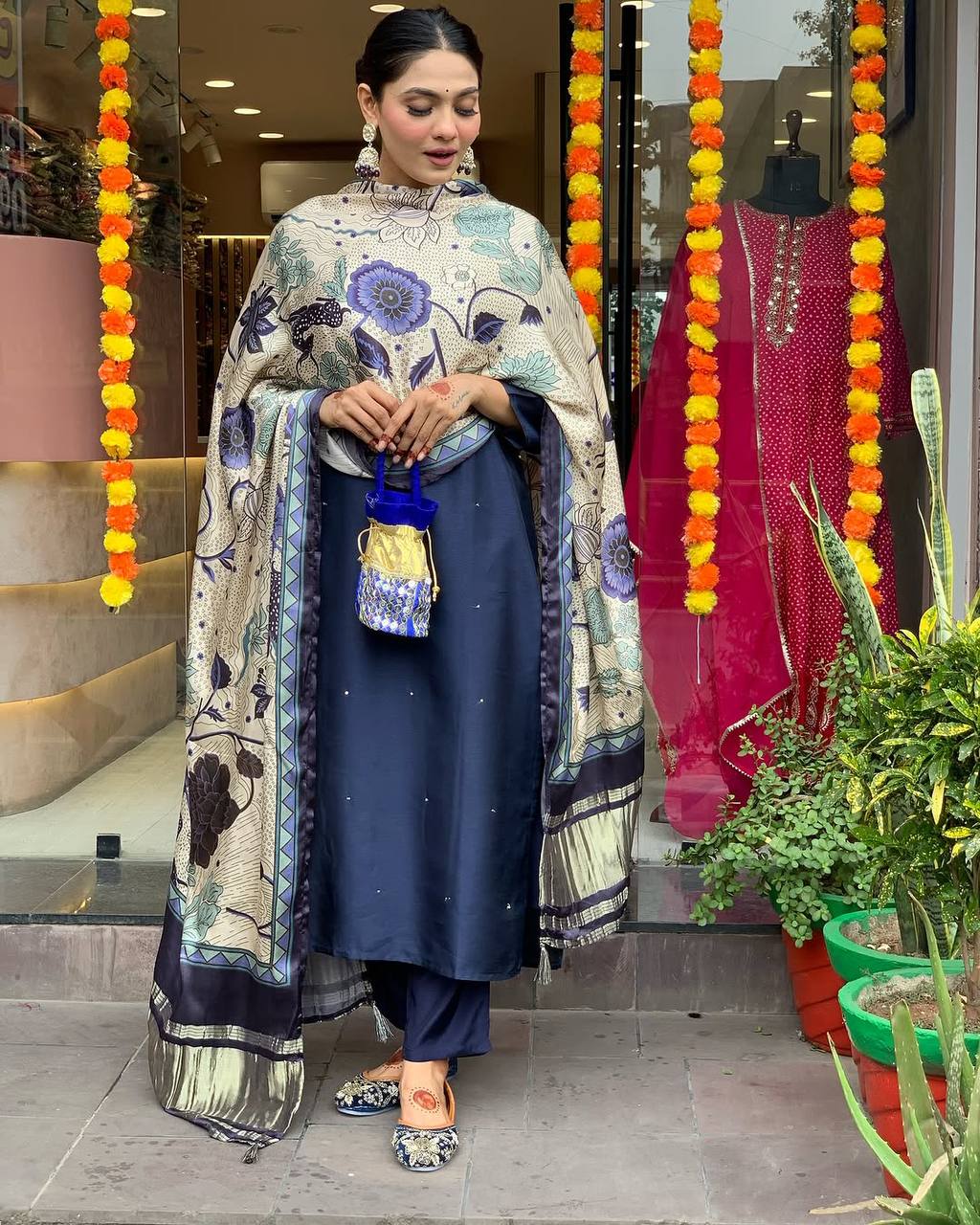 Navy Blue Viscos Silk Beautiful Embroidered Kurti Set for all occasions