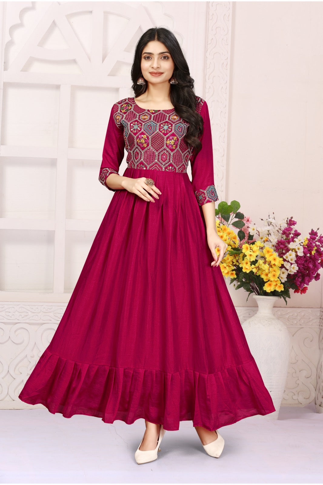 Rani Pink Vichitra Silk Gown Fully Stitched