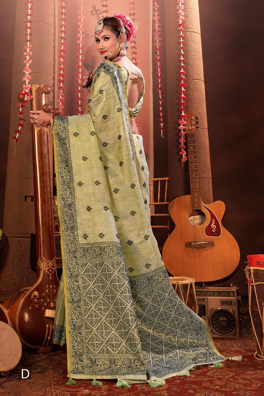 Megha - Premium Linen Saree with Jacquard Weaving Pattern with Fully Stitched Blouse as per Your Style