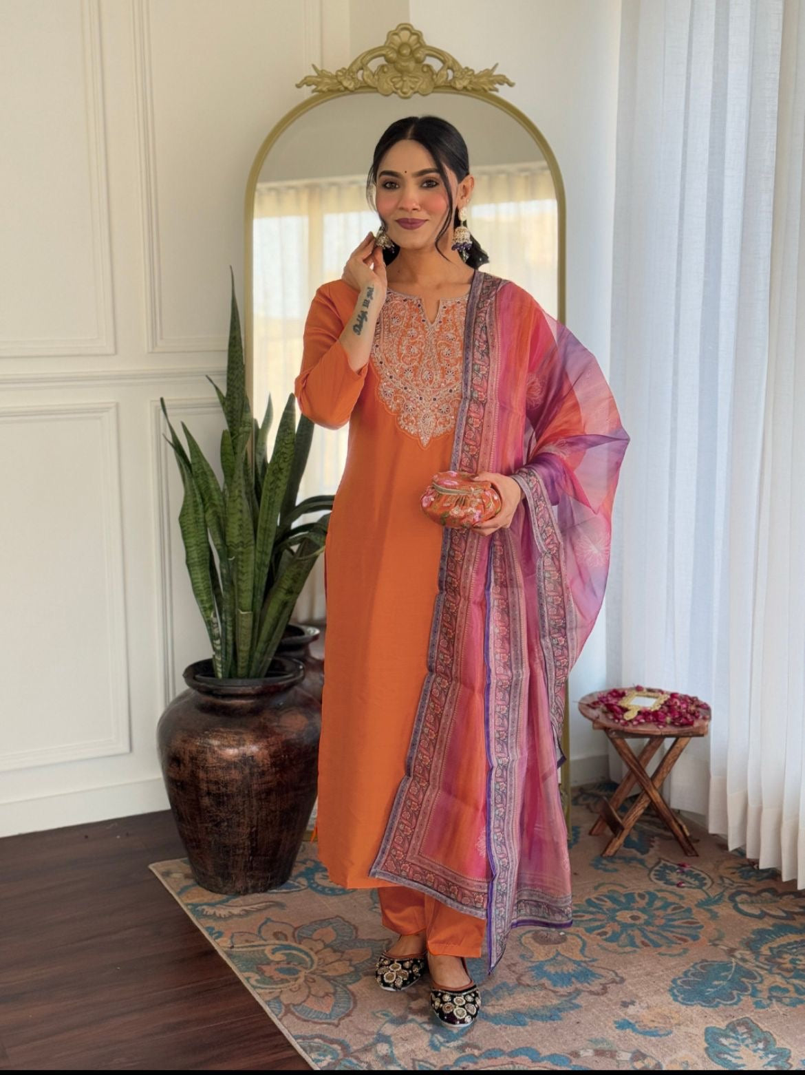 Peachy Orange Soft Rayon Kurti Set with Minimal Embroidery at Neck