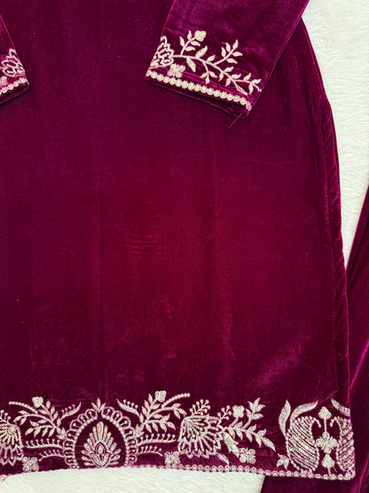 Premium Velvet with Minimal Beautiful Embroidery Fully Stitched Sharara Suit