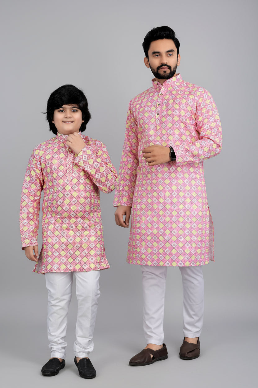 Father-Son Matching Cotton Printed Kurta Set with Pajama