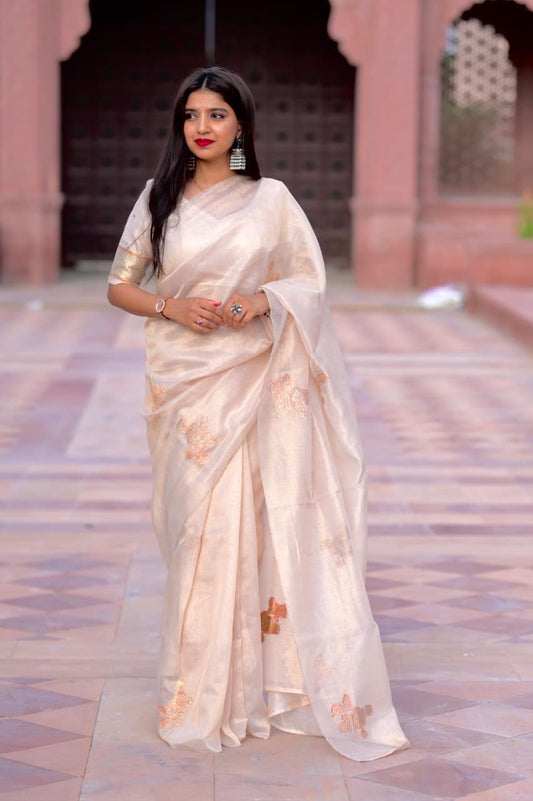 Abha - Premium Copper White Gold Organza Silk Saree with Stitched Blouse Options