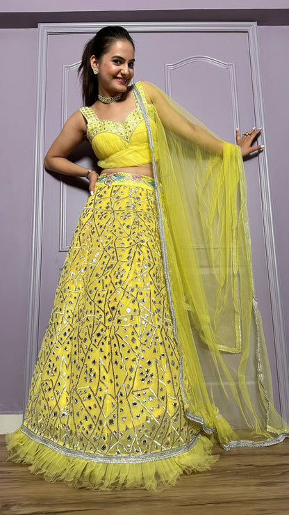 Yellow Georgette Lehenga with Zari Work & Ruffle Border Fully Stitched