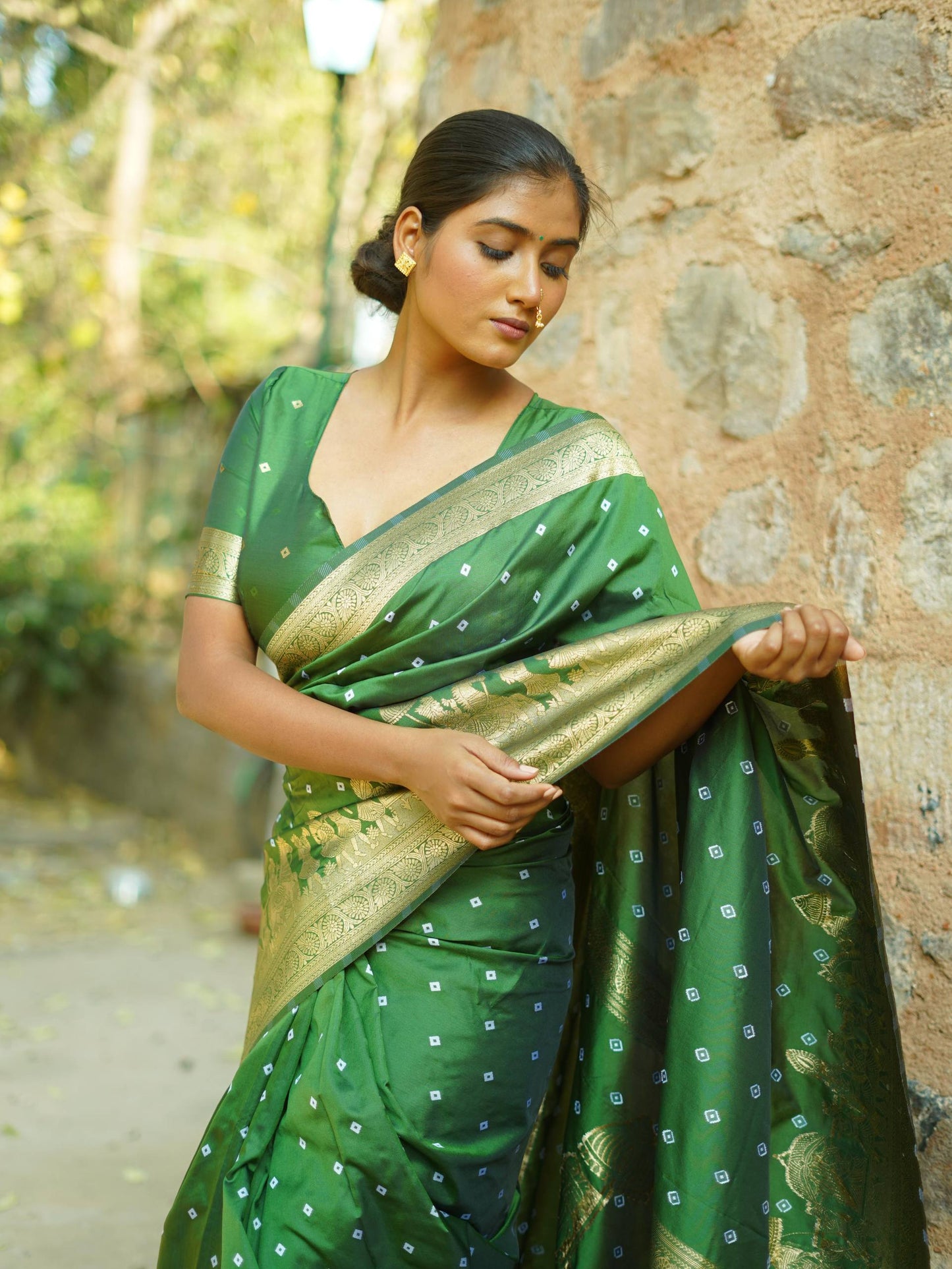Apsara - Soft Silk with Hand Bandhej Pattern Gold Border Paithani Saree with Stitched Blouse Options