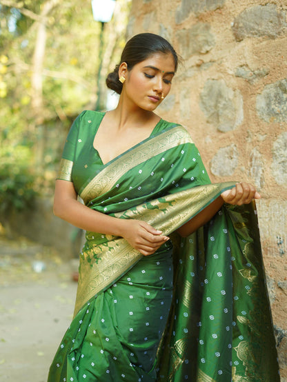 Apsara - Soft Silk with Hand Bandhej Pattern Gold Border Paithani Saree with Stitched Blouse Options