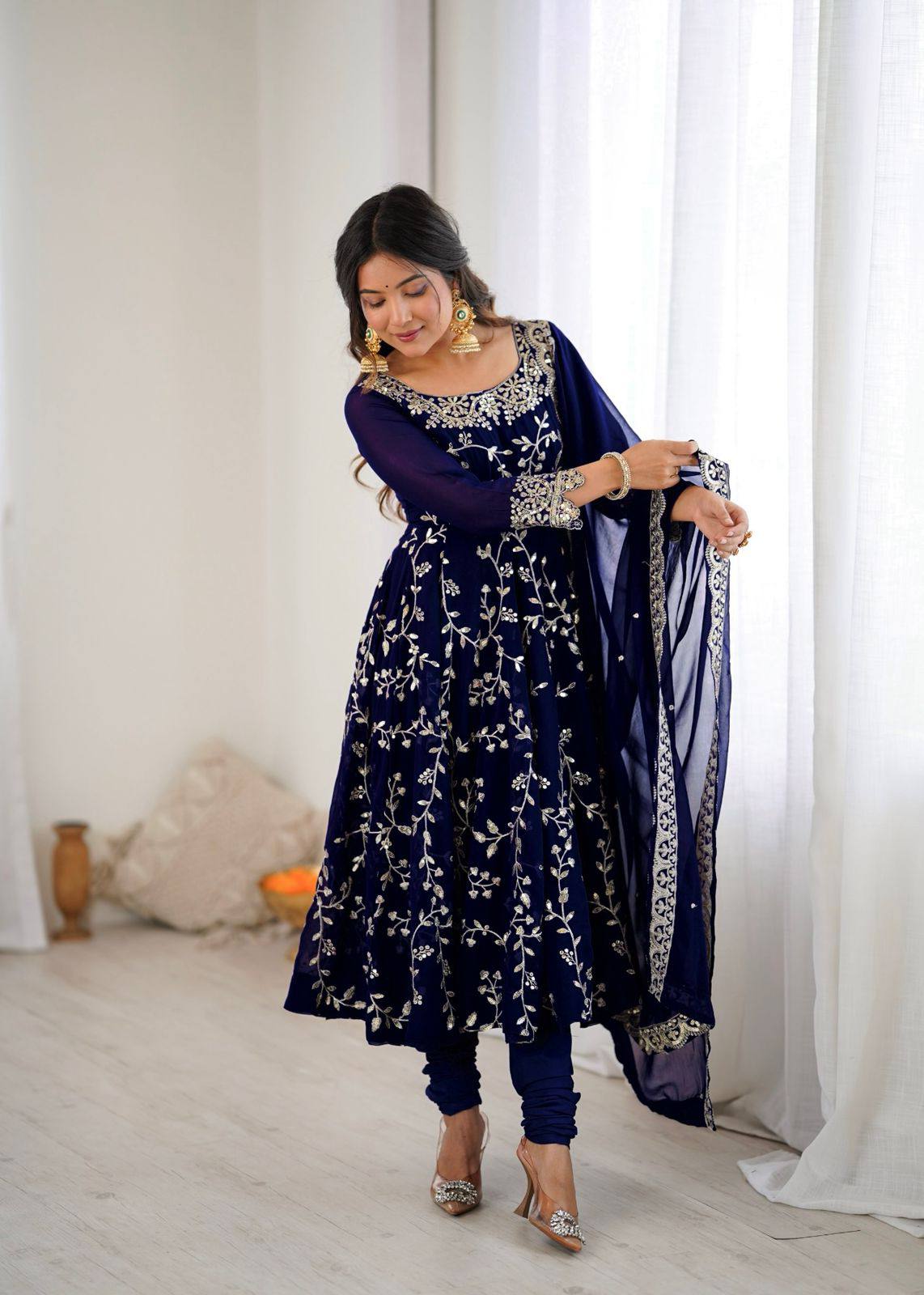 Preeva - Navy Blue Soft Georgette with Full Embroidery Gown Fully Stitched