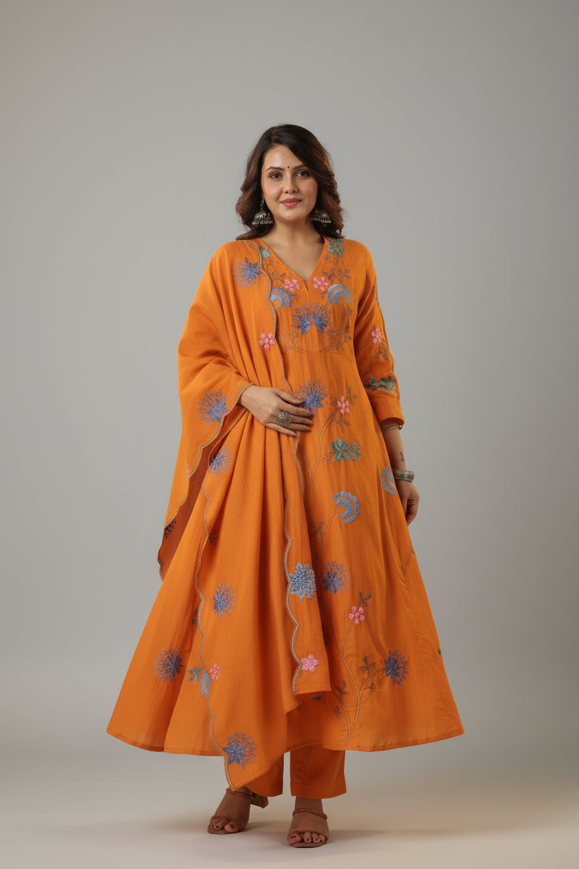 Nikita - Premium Orange Chanderi Silk Anarkali Suit Fully Stitched