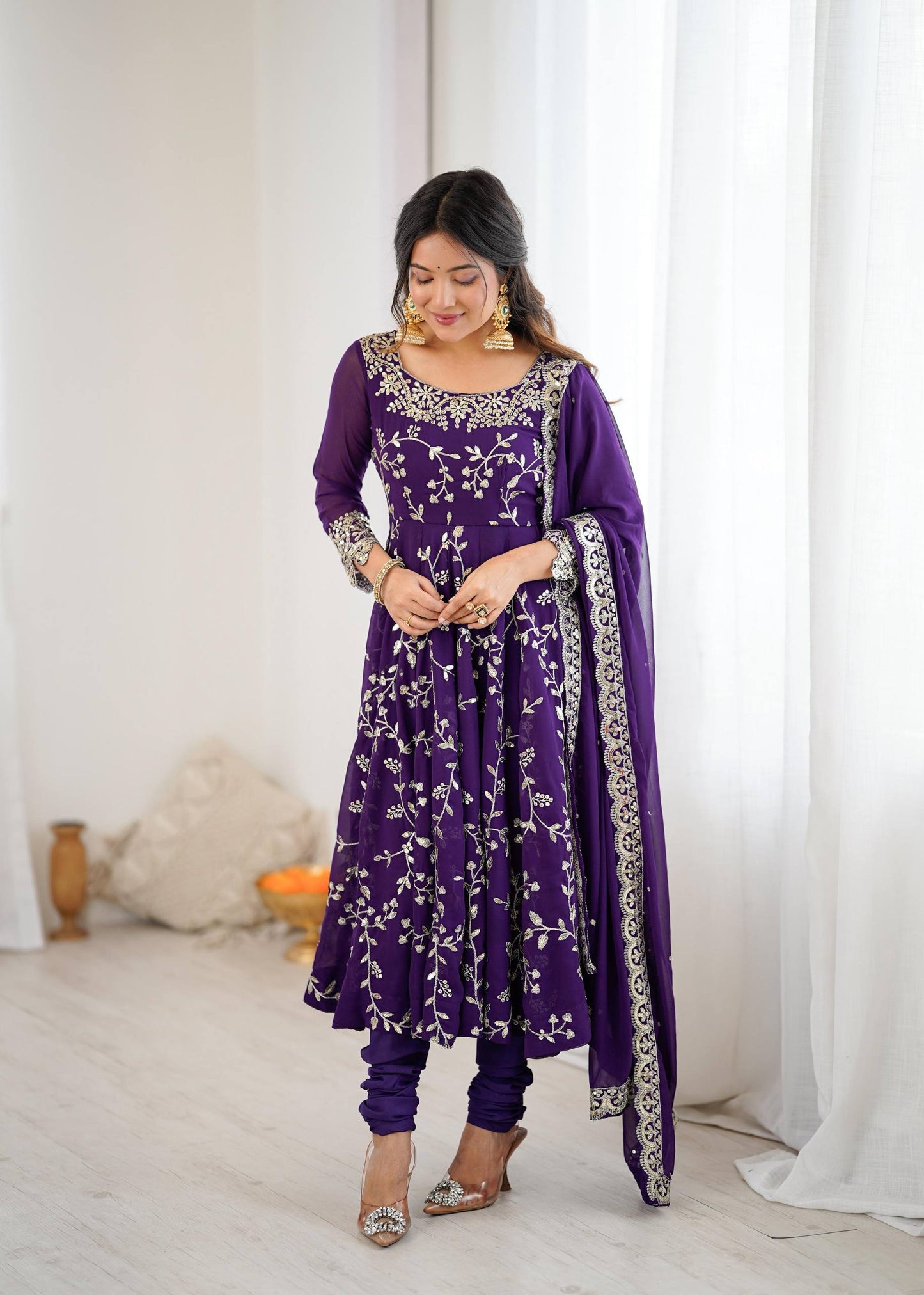 Preeva - Purple Soft Georgette with Full Embroidery Gown Fully Stitched