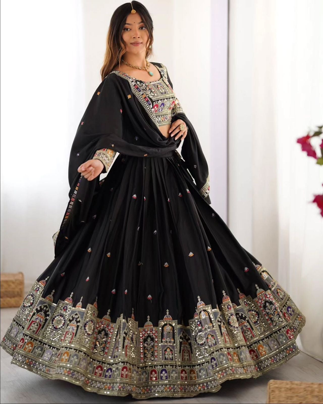 Navratri Special Vichitra Silk with Beautiful Embroidered Fully Stitched Lehenga