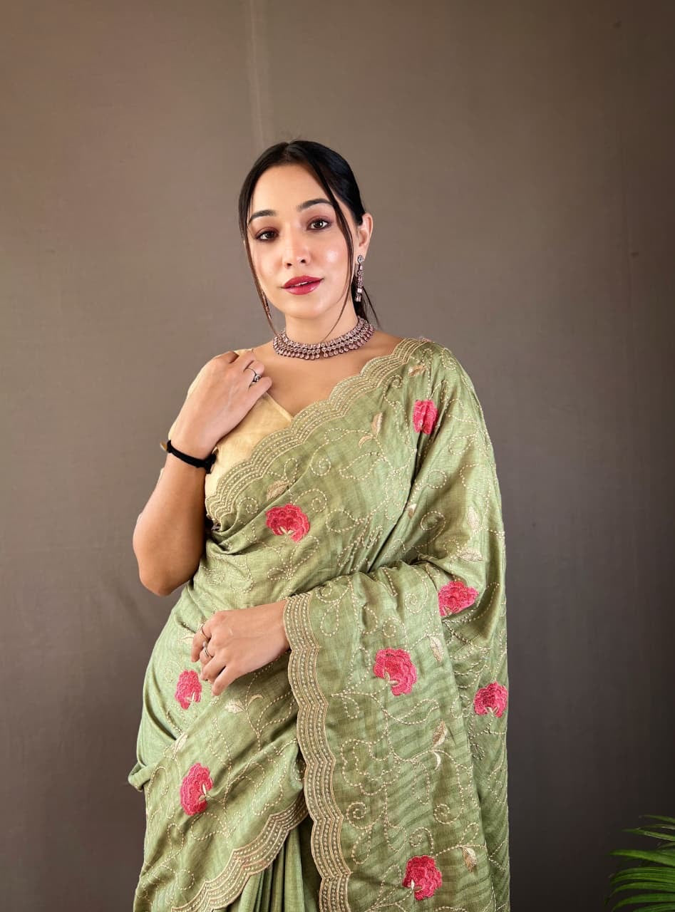 Kamya - Pure Tussar Silk with Jaal Embroidery Weaving with Stitched Blouse Options