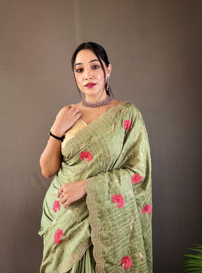 Kamya - Pure Tussar Silk with Jaal Embroidery Weaving with Stitched Blouse Options