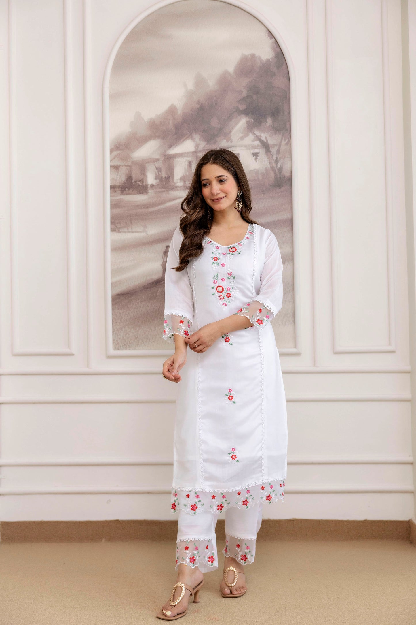 Soft Chanderi Silk White Fully Stitched Kurti Set