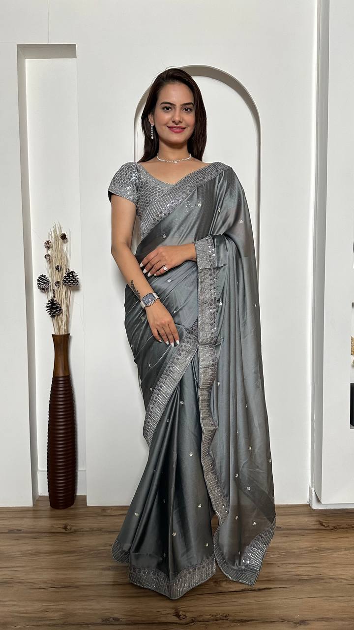 Metal Grey Soft Silk Saree with Sequins and Stone Work with Fully Stitched Blouse