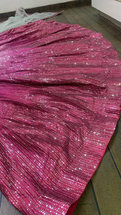 Dual Tone Pink and Grey Fully Sequins Work Lehenga Fully Stitched