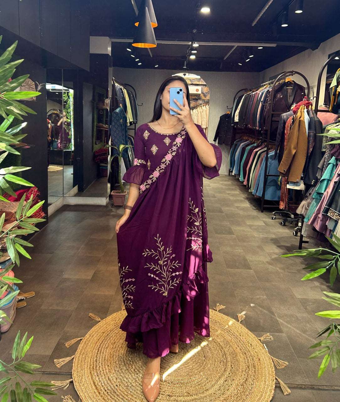 Beautiful wine colour gown with shrug fully stitched