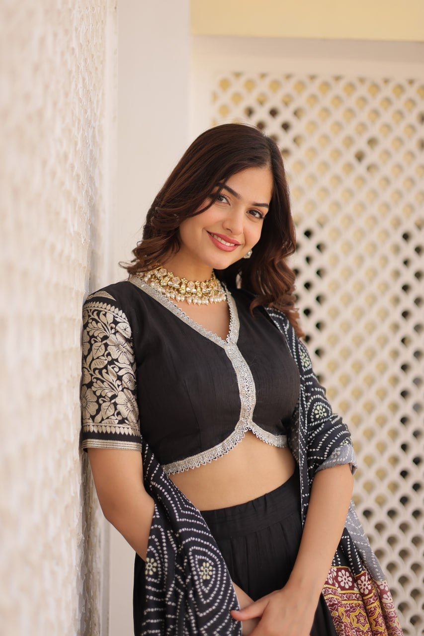 Fully stitched Black Premium Viscose Lehenga with Gaji silk Dupatta