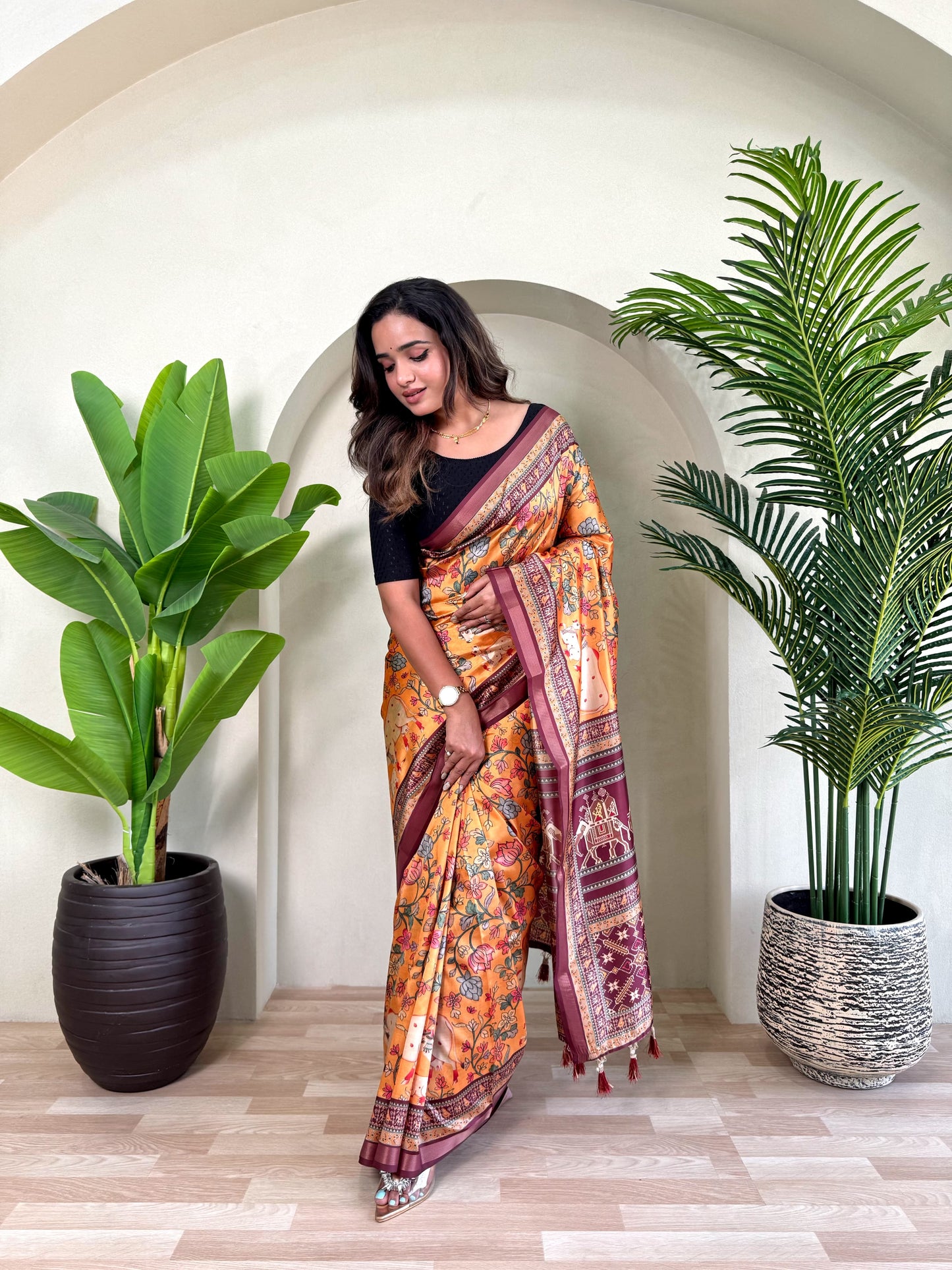 Ramya - Beautiful Dola Silk Printed Saree with Stitched Blouse Options