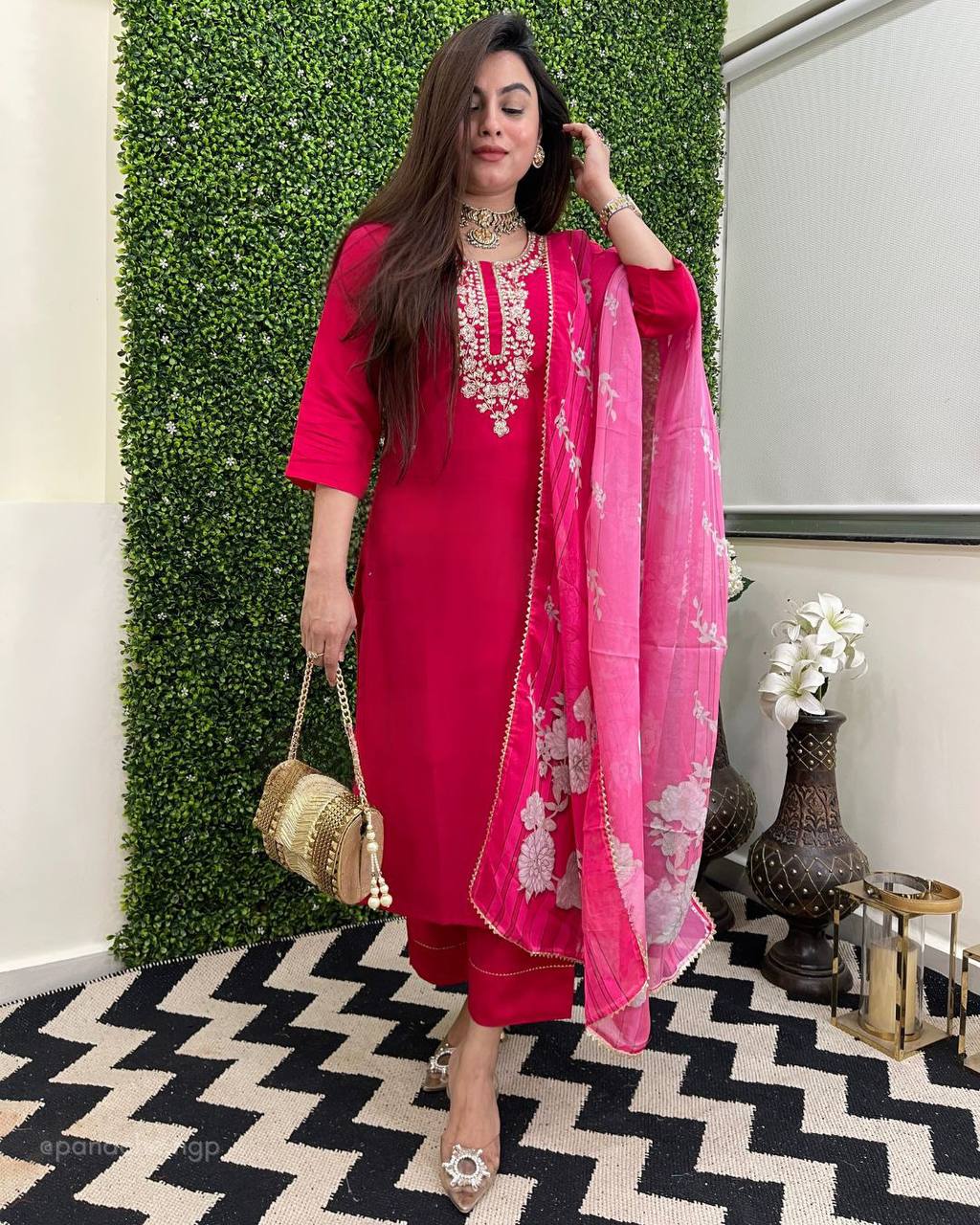 Soft Silk Rani Pink Embroidered Kurti Pant with Floral Printed Dupatta