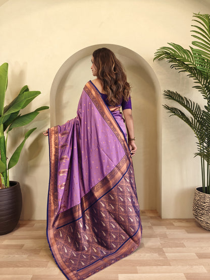 Lilac Pure Paithani Silk Saree with rich weaving with Stitched Blouse