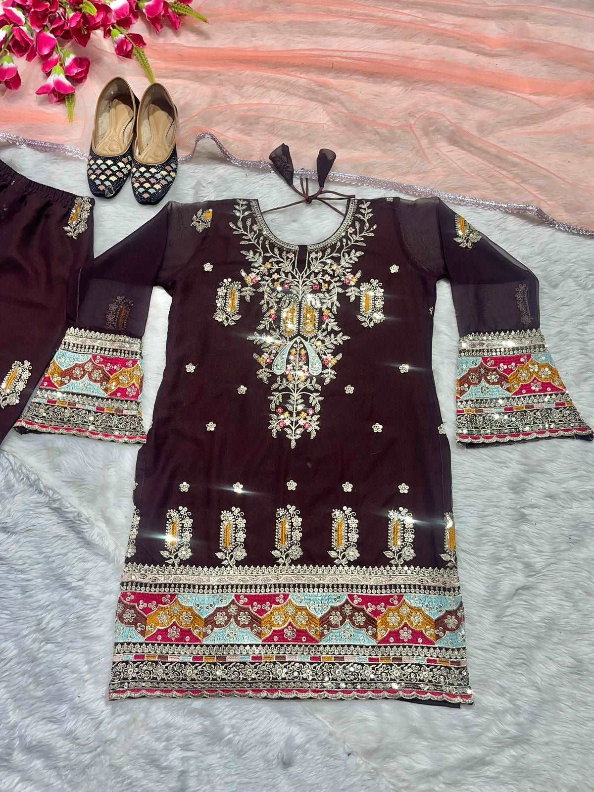 Dark purple top with pant and dupatta
