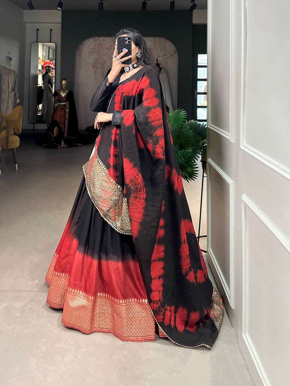 Multicoloured fully stitched pure chanderi fabric lehenga