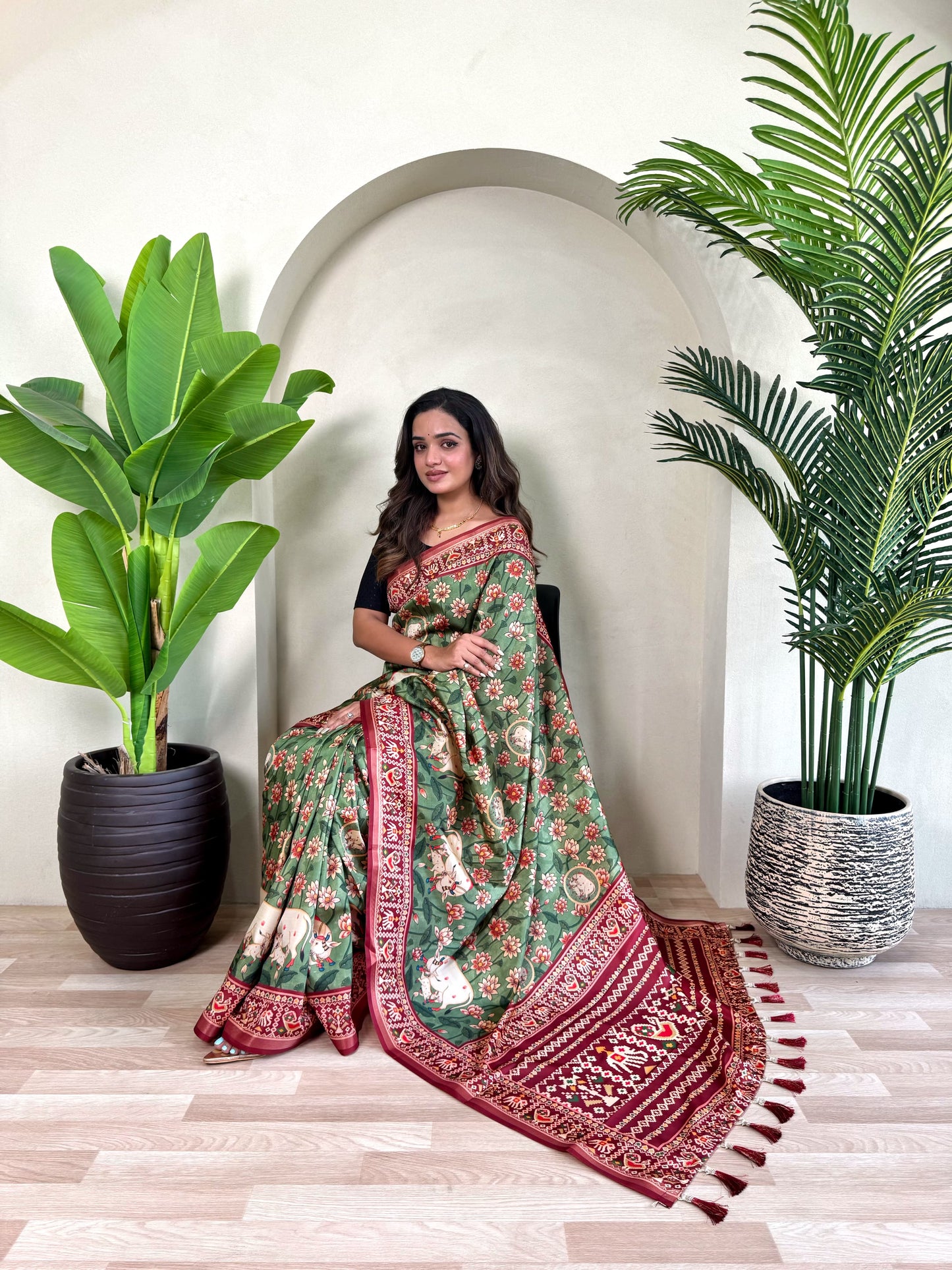 Ramya - Beautiful Dola Silk Printed Saree with Stitched Blouse Options
