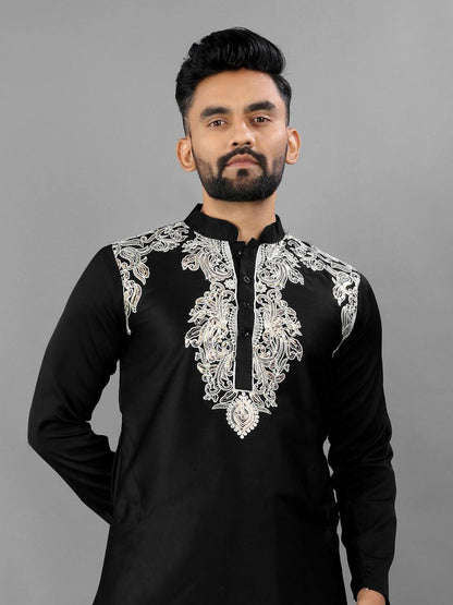 Jet Black Premium Men's Pathani Kurta with Pajama