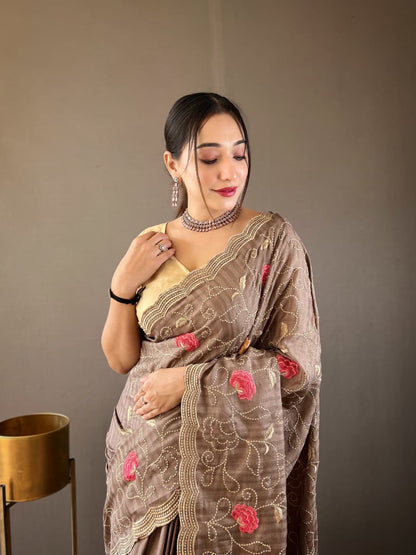 Kamya - Pure Tussar Silk with Jaal Embroidery Weaving with Stitched Blouse Options