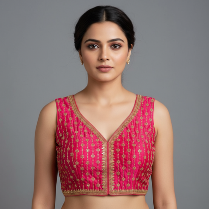 Pink embroidered top on a textured surface with flowers.