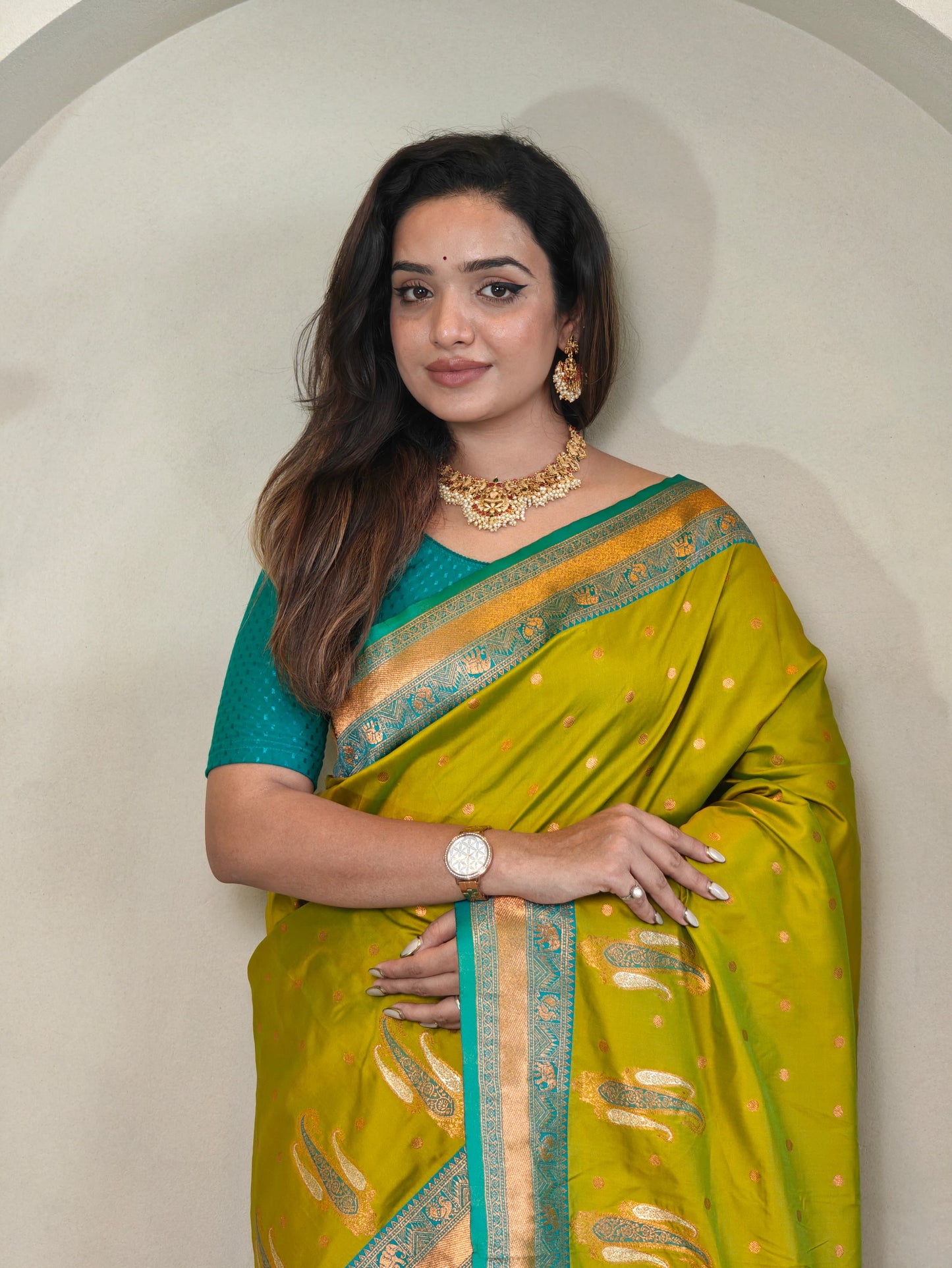 Mahendi Pure Paithani Silk Saree with rich weaving with Stitched Blouse
