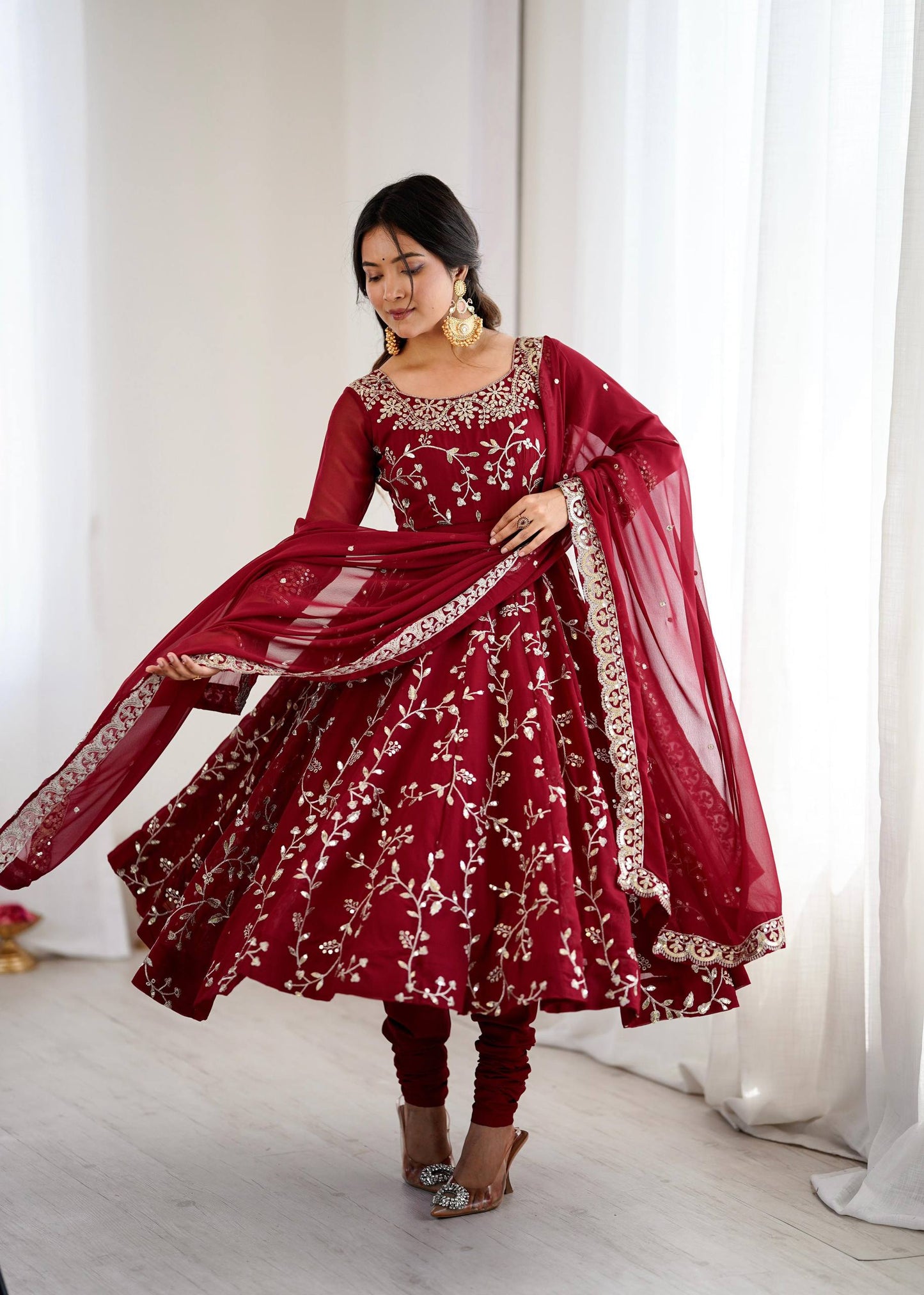 Preeva - Cherry 🍒 Pink  Soft Georgette with Full Embroidery Gown Fully Stitched
