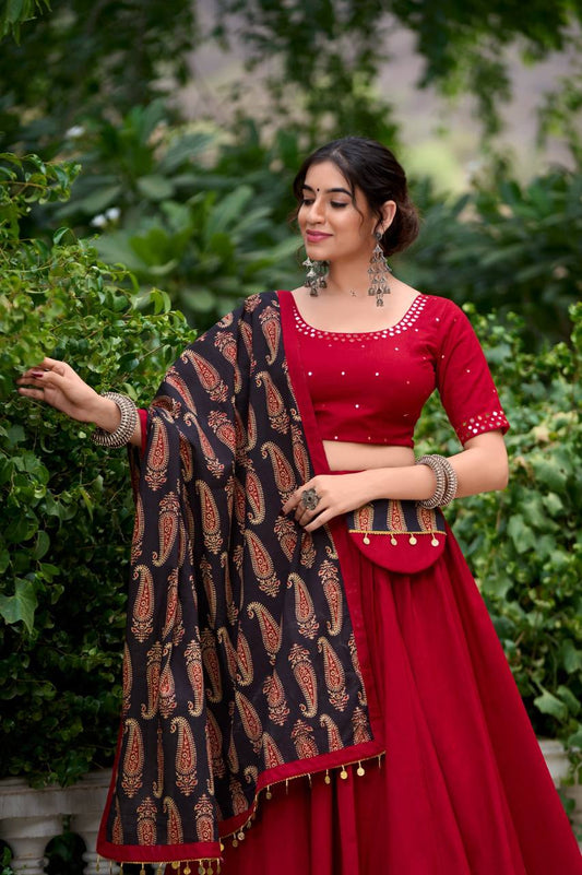 Red Premium Pure cotton Navratri Special Lehenga Choli Fully Stitched
