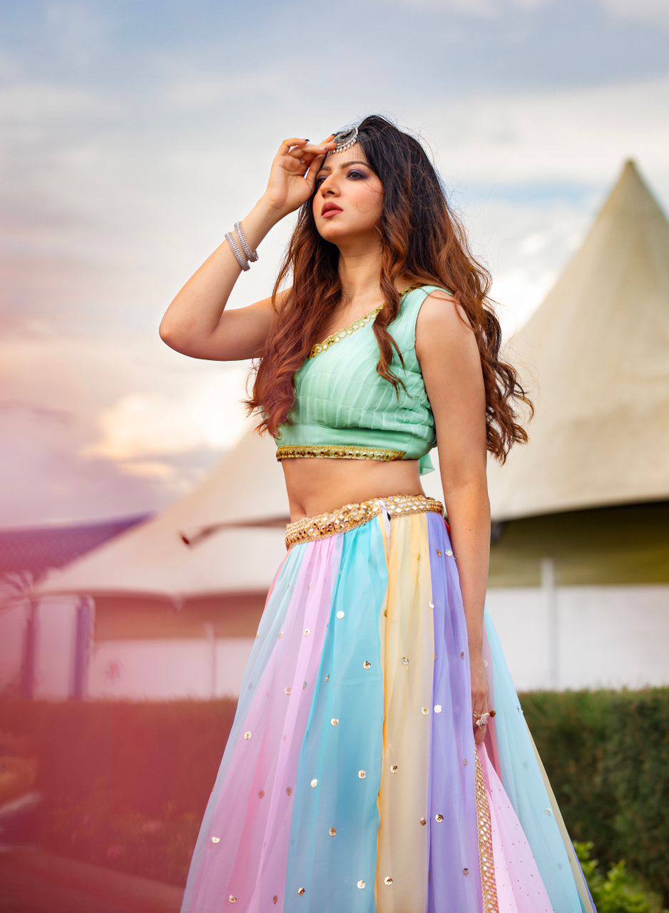Premium Pastel Rainbow fully stitched lehenga