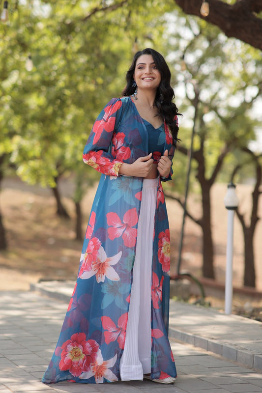 Faux Georgette Blue Lehenga with Shrug Style