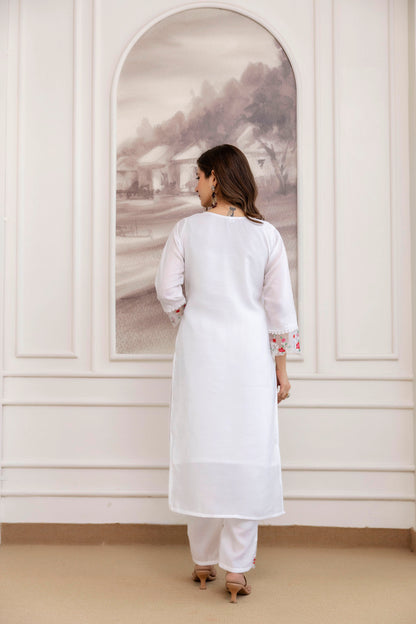 Soft Chanderi Silk White Fully Stitched Kurti Set