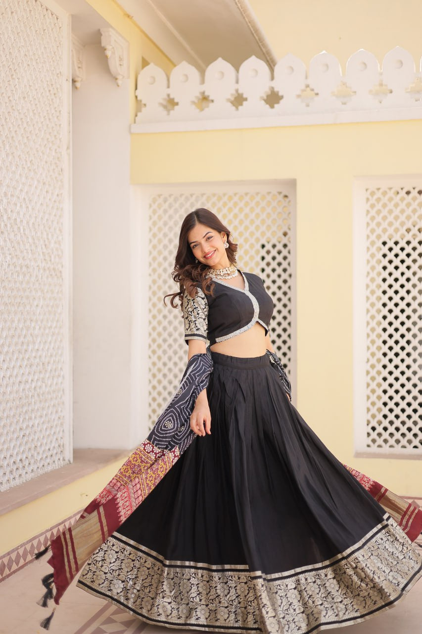 Fully stitched Black Premium Viscose Lehenga with Gaji silk Dupatta