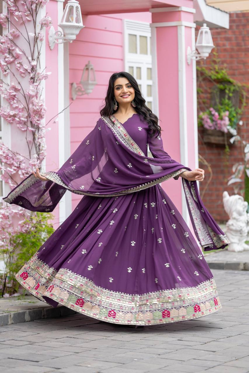 Eggplant Purple Premium Embroidered Gown fully stitched