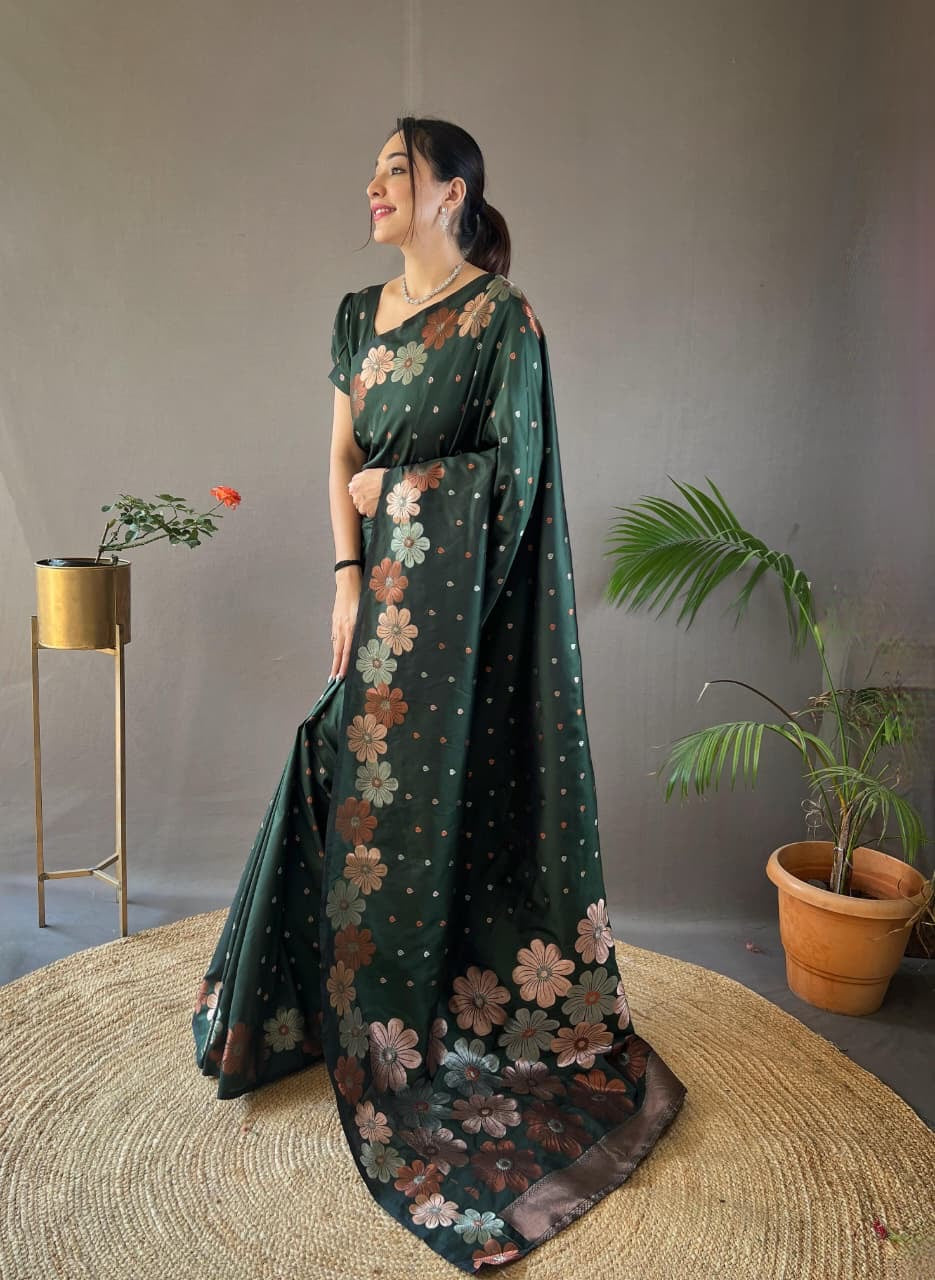 Palki - Soft Silk Copper and Gold Zari Weaving Flower Weaved Saree with Stitched Blouse Options