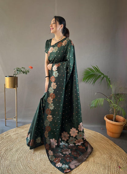 Palki - Soft Silk Copper and Gold Zari Weaving Flower Weaved Saree with Stitched Blouse Options