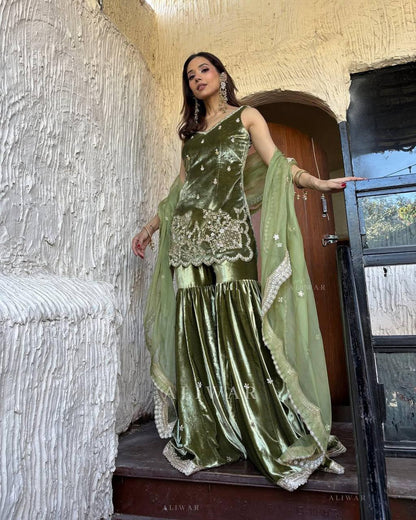 Mahendi Sharara Set fully stitched Premium Velvet fabric